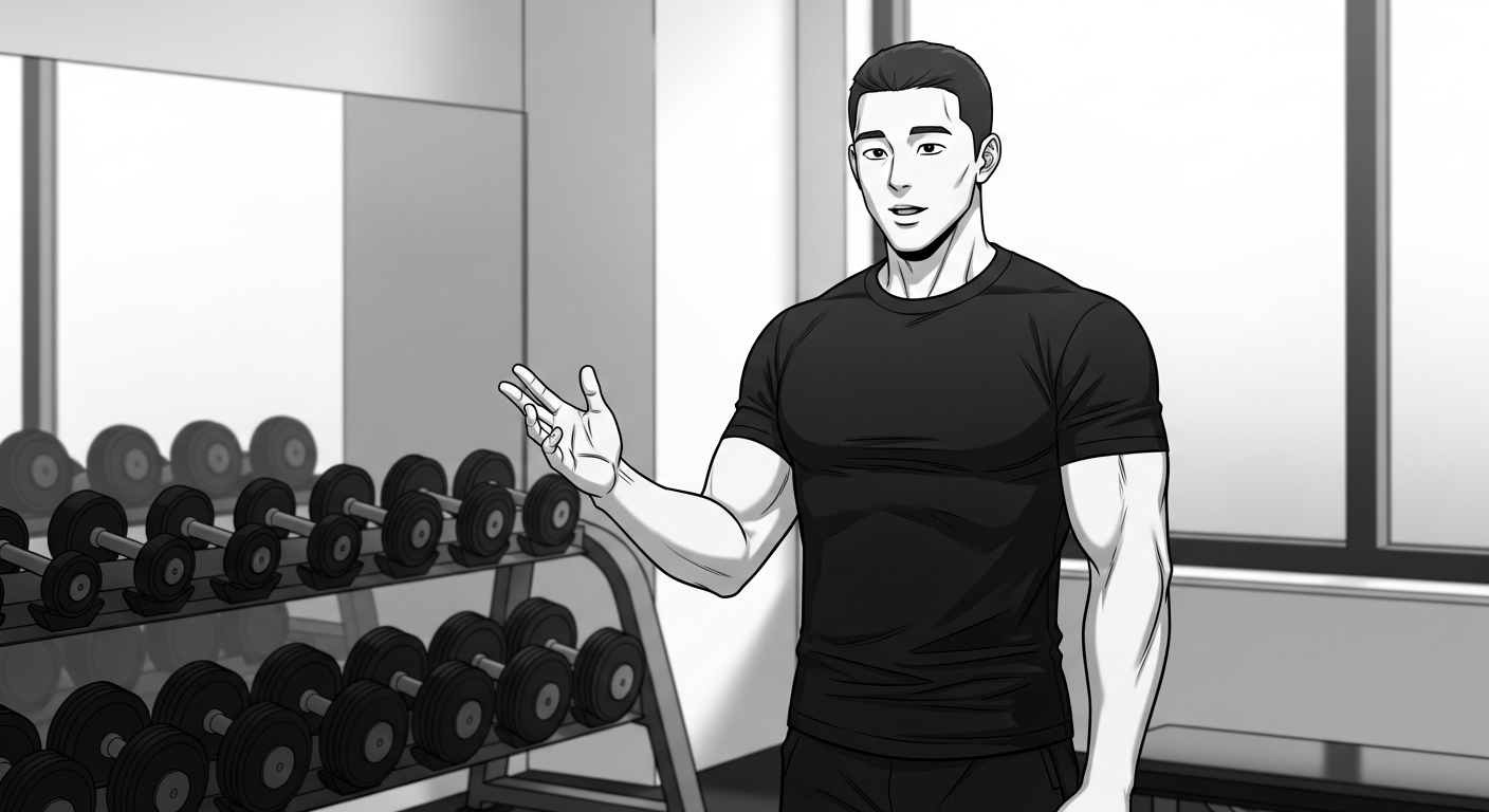 Black-and-white comic illustration of a personal trainer in a Berlin gym