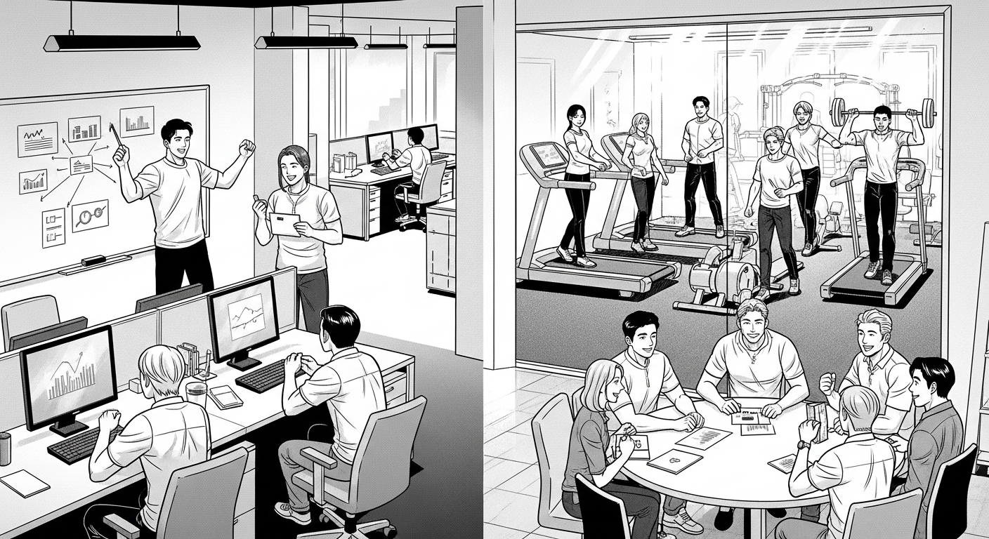 Black-and-white comic illustration of engaged employees in a vibrant healthy workplace