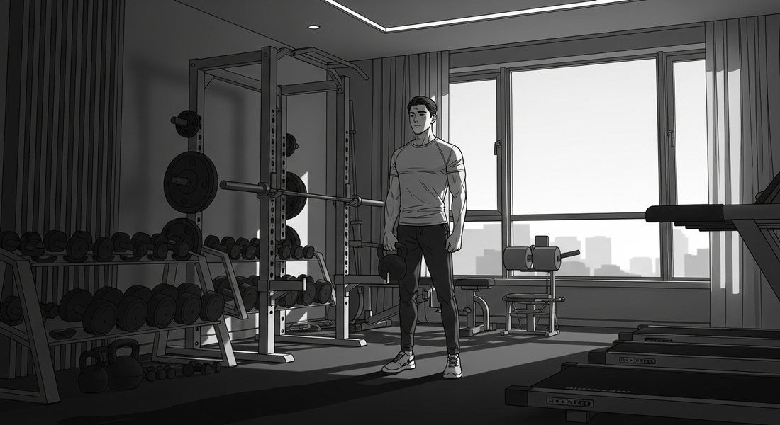 Black and white manhwa illustration of a coach holding a kettlebell in a spacious private gym room in Berlin with a squat rack and dumbbells along the wall