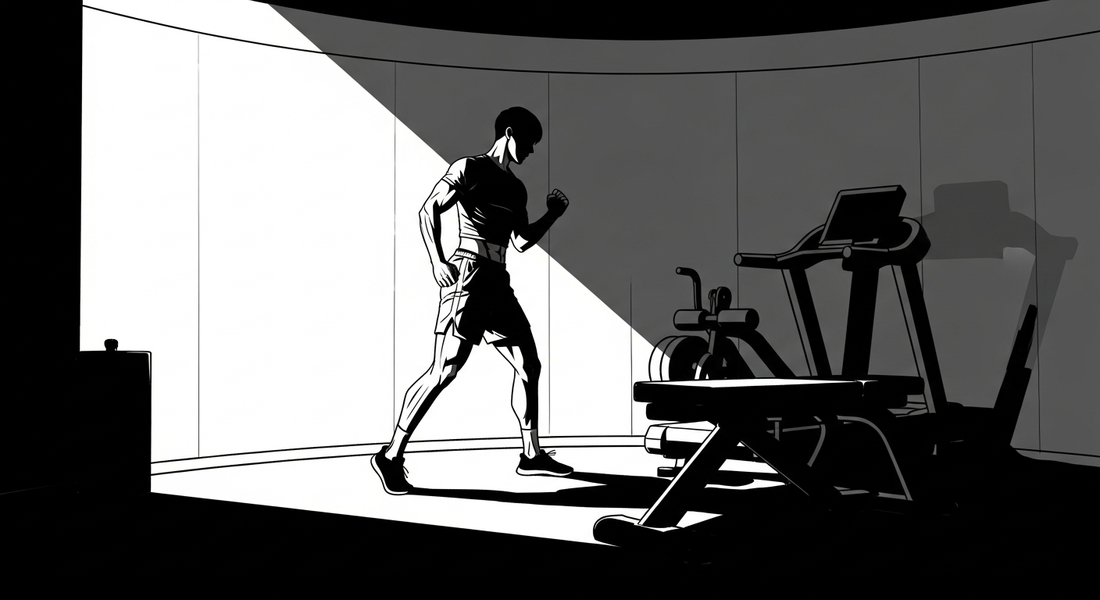 Black-and-white comic illustration of a modern private gym room in Weißensee
