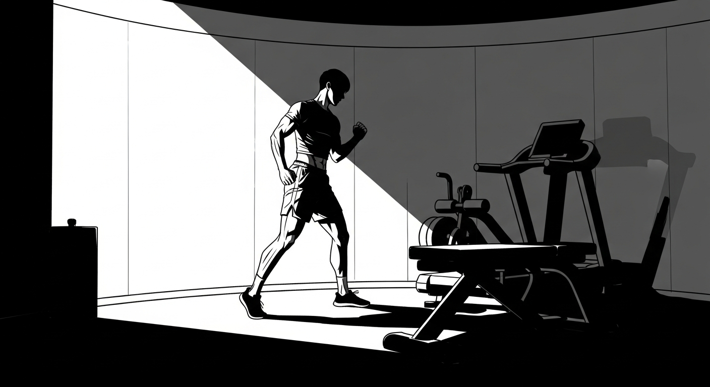 Black-and-white comic illustration of a modern private gym room in Weißensee
