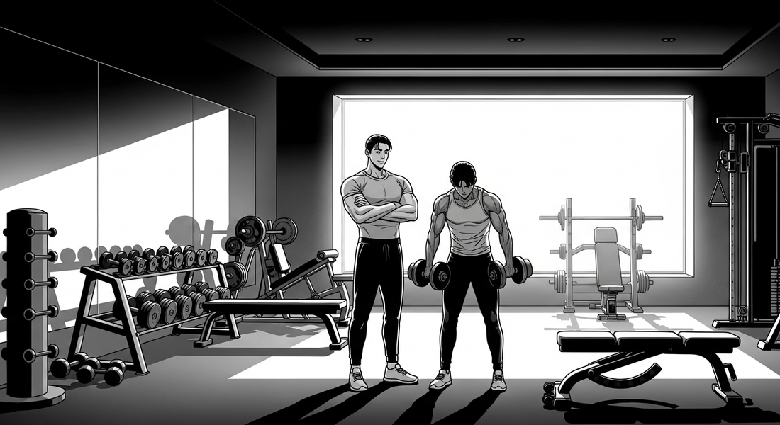 Black-and-white manhwa illustration of a successful personal trainer coaching a client in a spacious private gym room