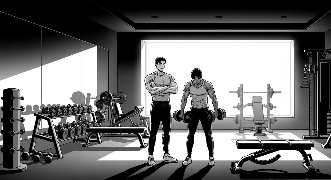 Black-and-white manhwa illustration of a successful personal trainer coaching a client in a spacious private gym room