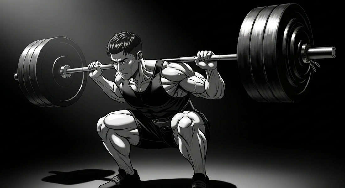 Black-and-white comic illustration of an athlete doing a heavy barbell squat