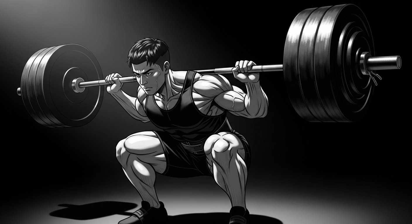 Black-and-white comic illustration of an athlete doing a heavy barbell squat