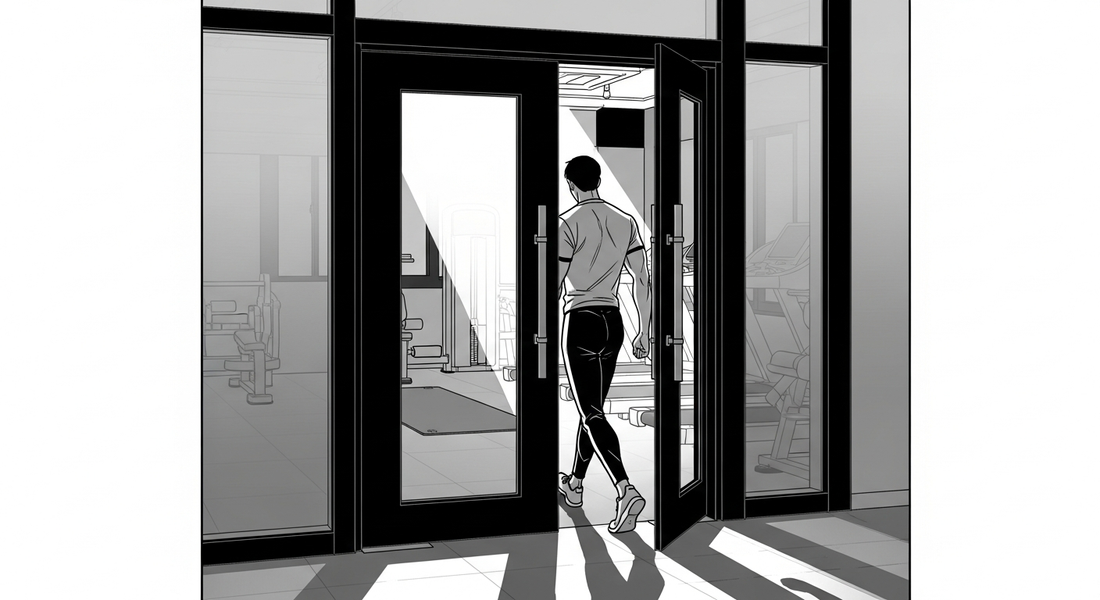 Black-and-white comic illustration of entering a private fitness studio in Weissensee