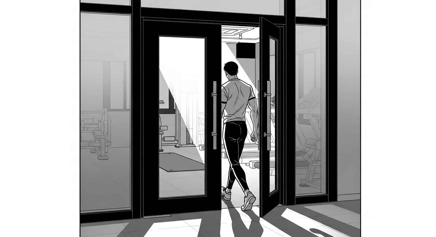 Black-and-white comic illustration of entering a private fitness studio in Weissensee
