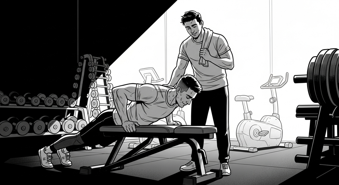 Black-and-white comic illustration of colleagues working out together