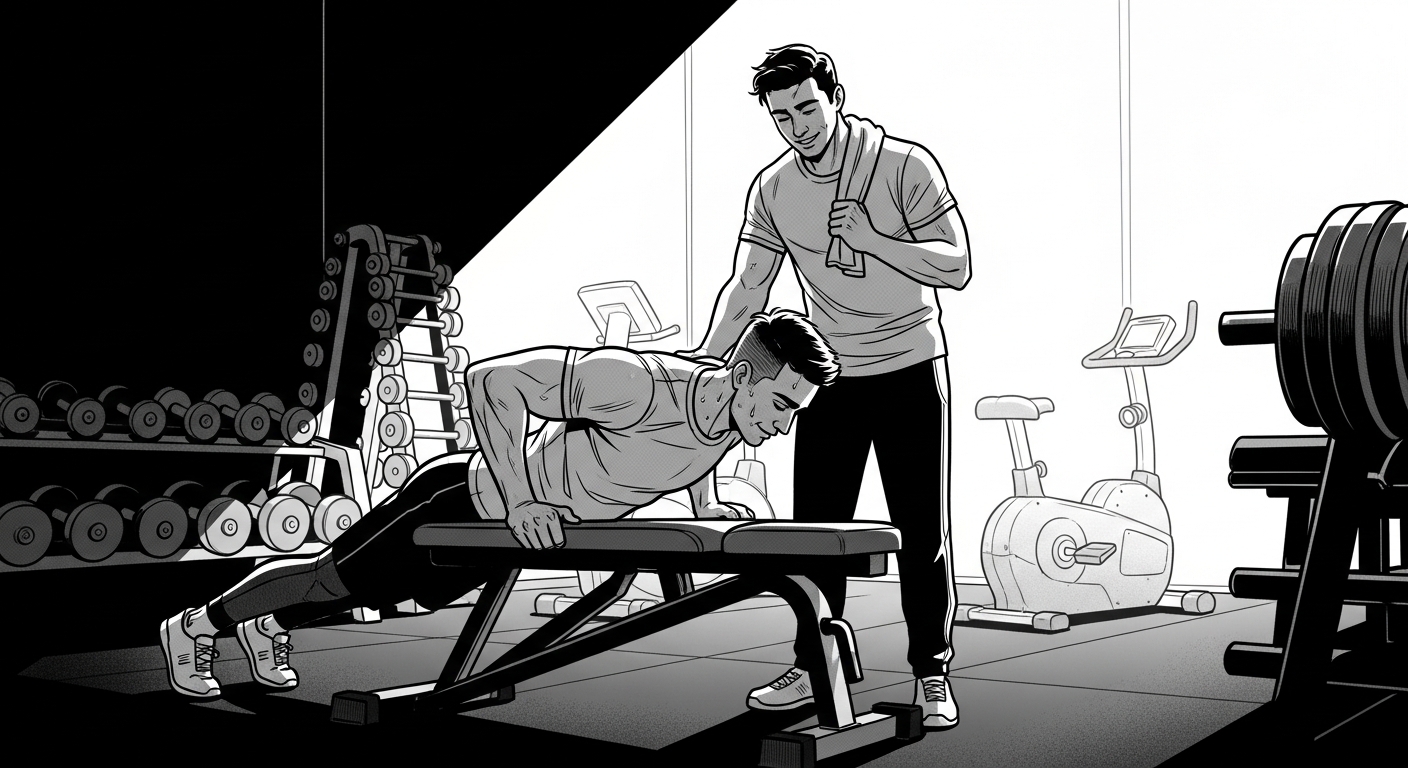 Black-and-white comic illustration of colleagues working out together