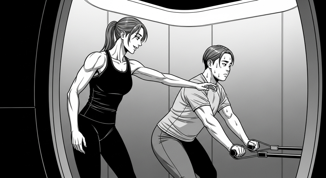 Black-and-white comic illustration of private gyms solving the trainer shortage