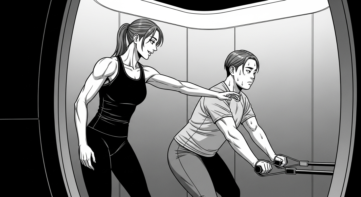Black-and-white comic illustration of private gyms solving the trainer shortage
