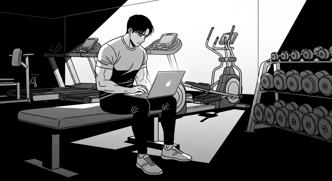 Black-and-white comic illustration of a personal trainer using AI on a laptop