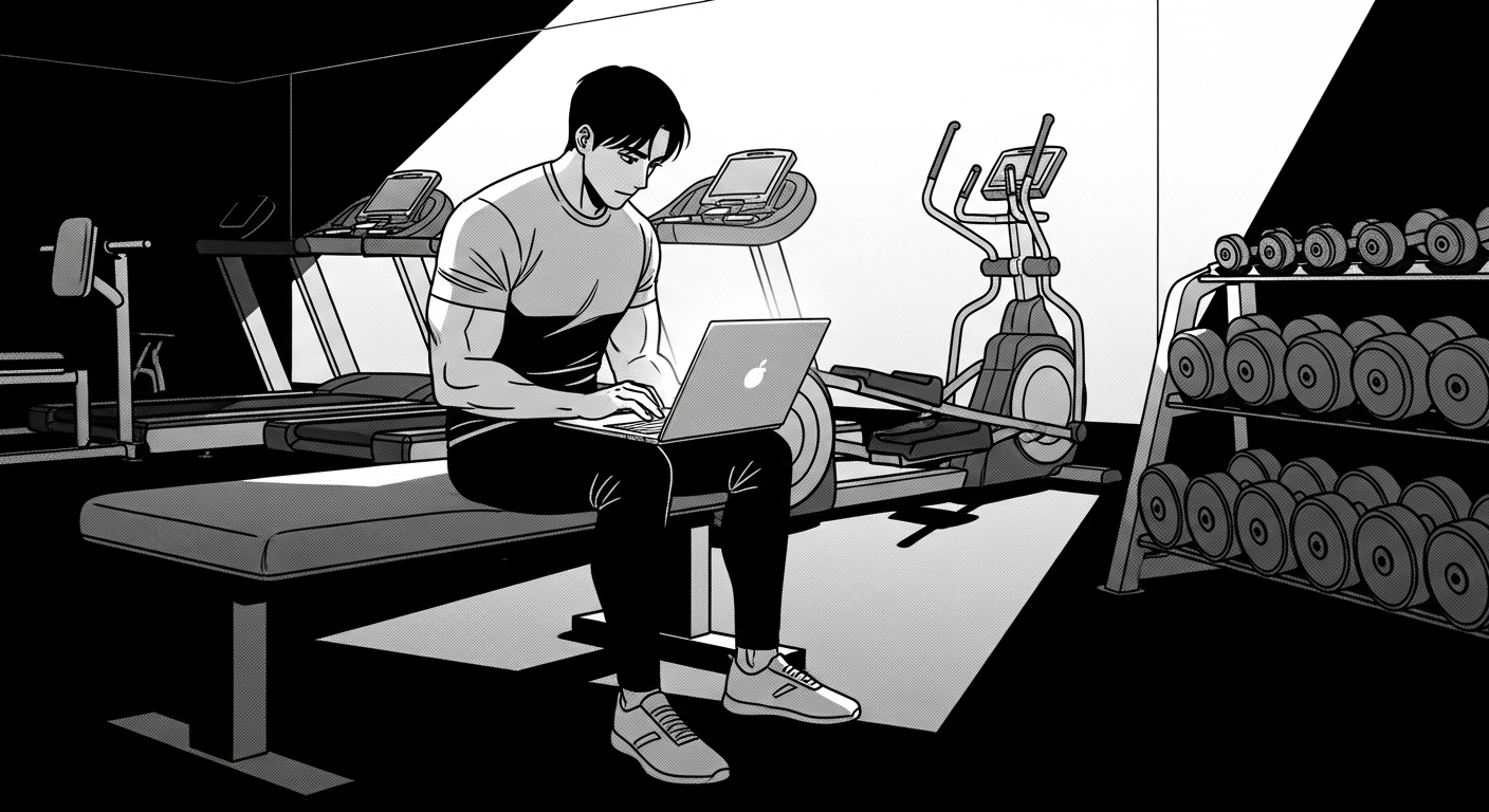 Black-and-white comic illustration of a personal trainer using AI on a laptop