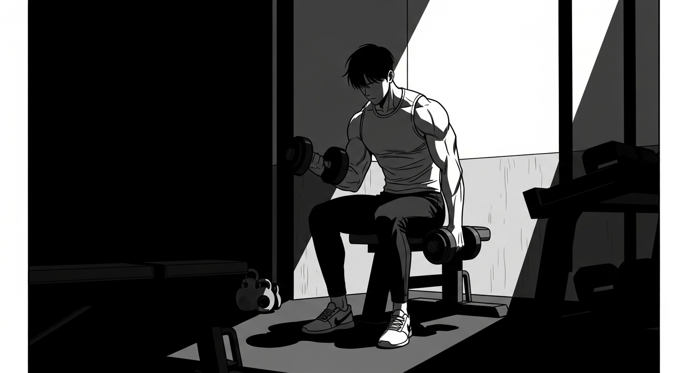 Black-and-white comic illustration of a focused private workout in a premium private gym room