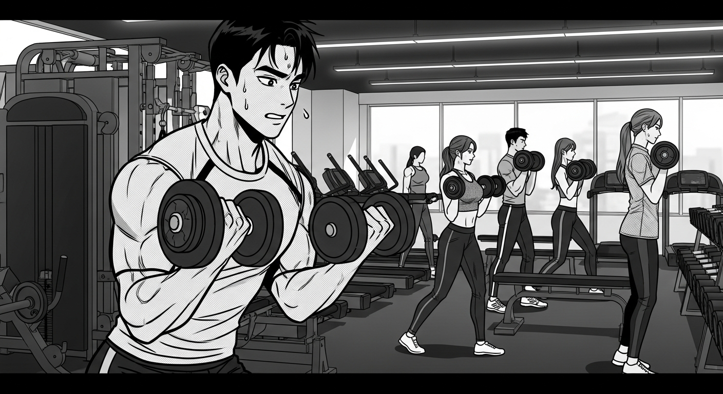 Black-and-white comic illustration of employees working out in a workplace gym