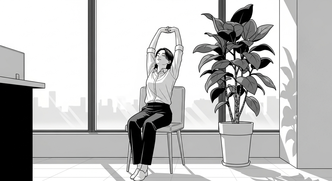 Black-and-white comic illustration of an employee de-stressing with a stretch at work