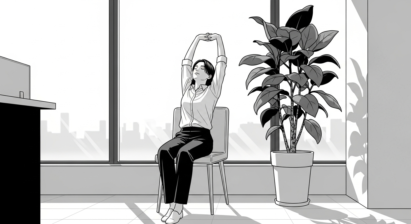 Black-and-white comic illustration of an employee de-stressing with a stretch at work
