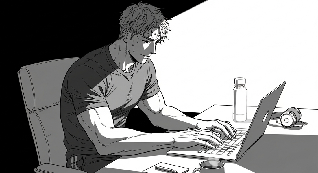 Black-and-white comic illustration of a productive employee after a workout