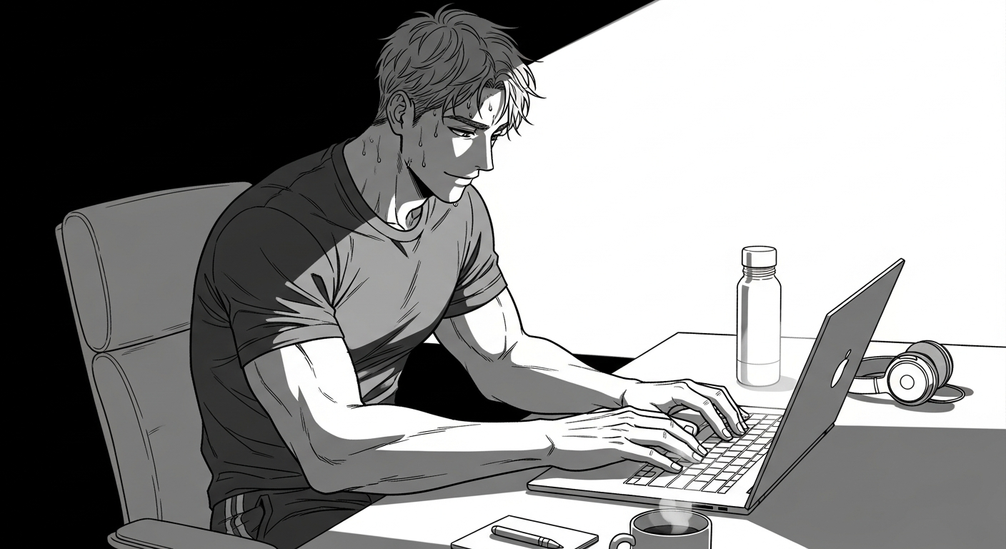 Black-and-white comic illustration of a productive employee after a workout