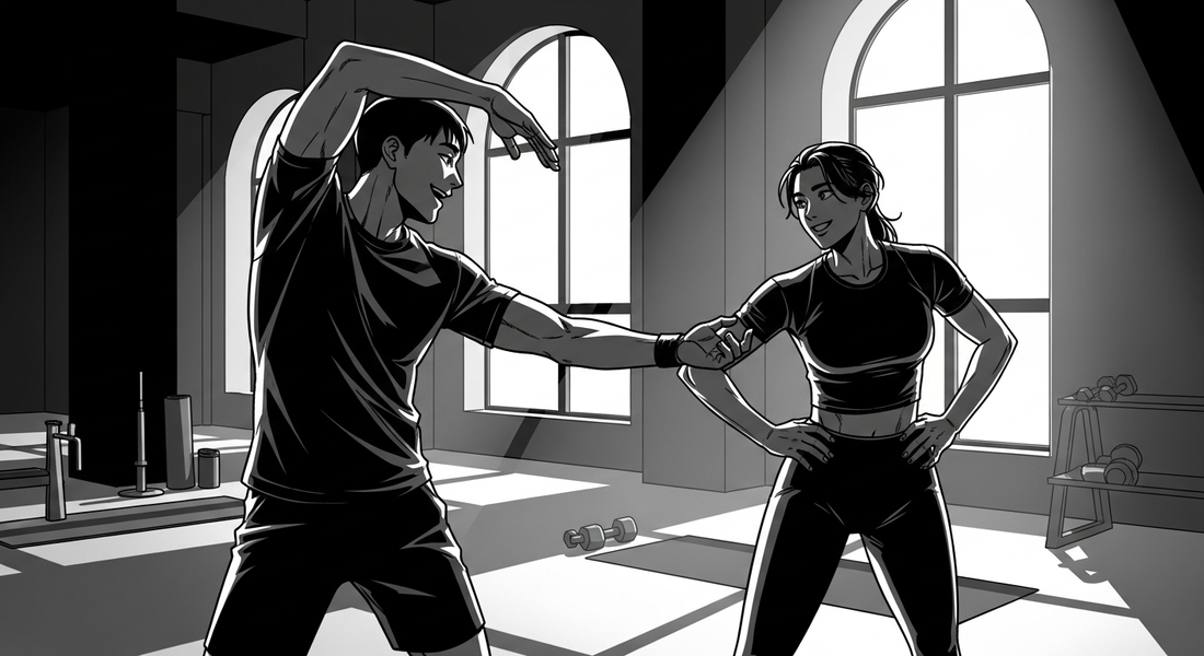 Black-and-white comic illustration of happy employees in a workplace gym