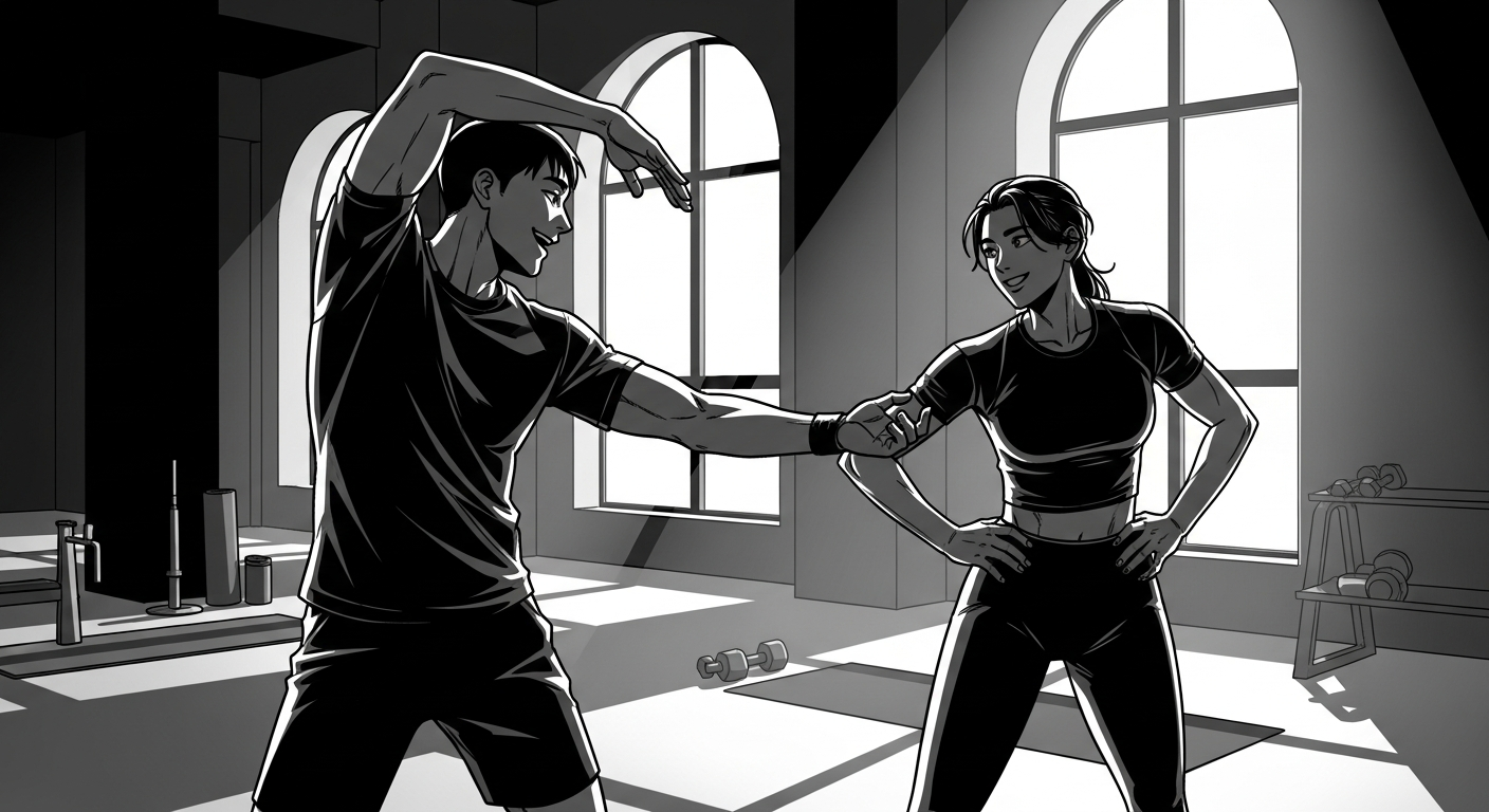 Black-and-white comic illustration of happy employees in a workplace gym