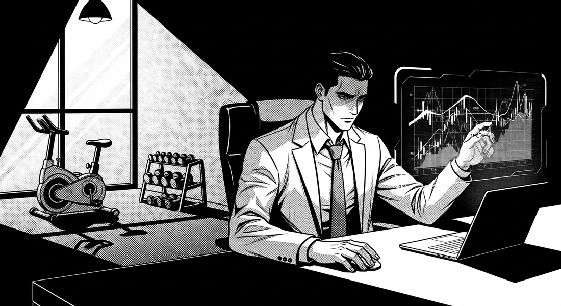 Black-and-white comic illustration of an executive reviewing workplace gym ROI