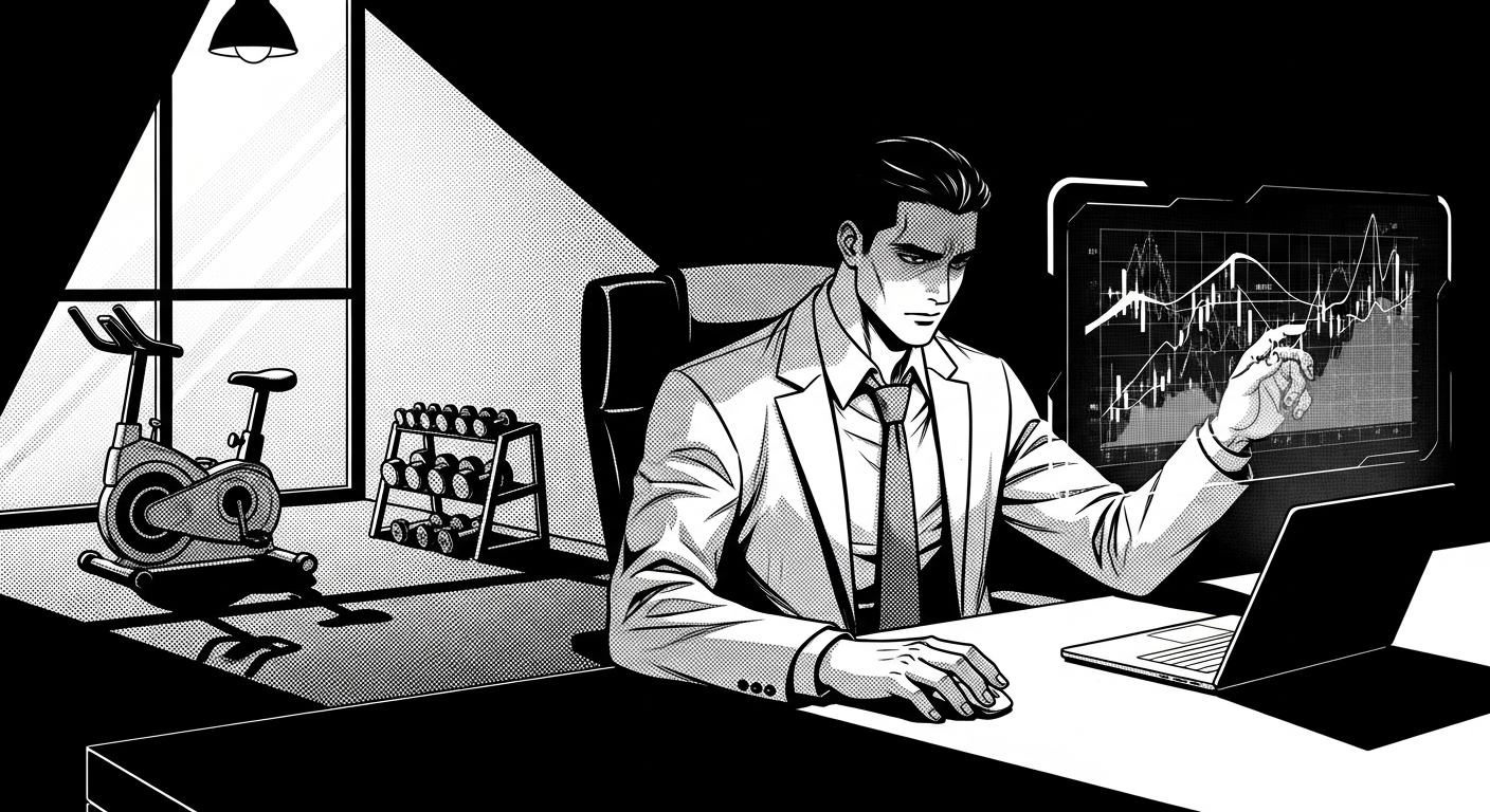 Black-and-white comic illustration of an executive reviewing workplace gym ROI