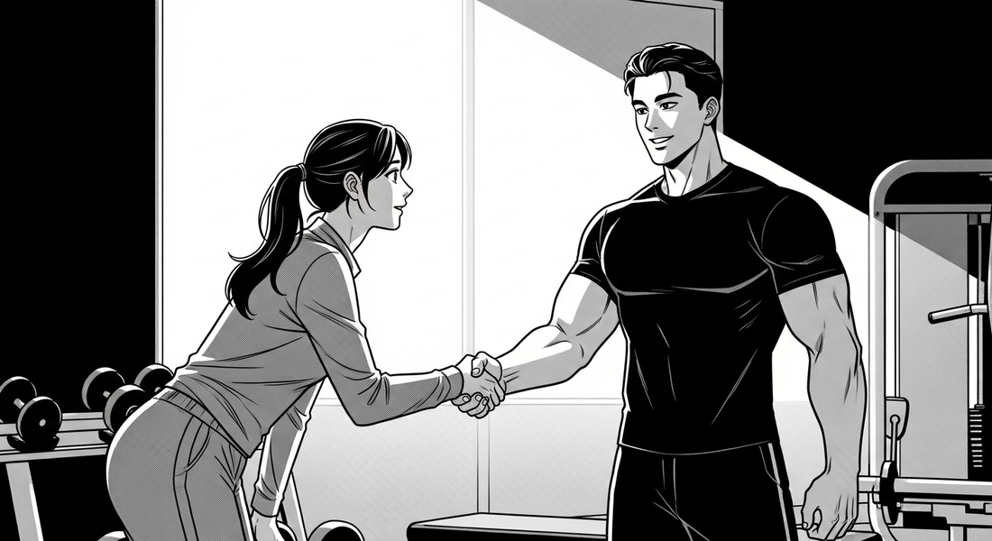Black-and-white comic illustration of a personal trainer welcoming and shaking hands with a new client in a private gym