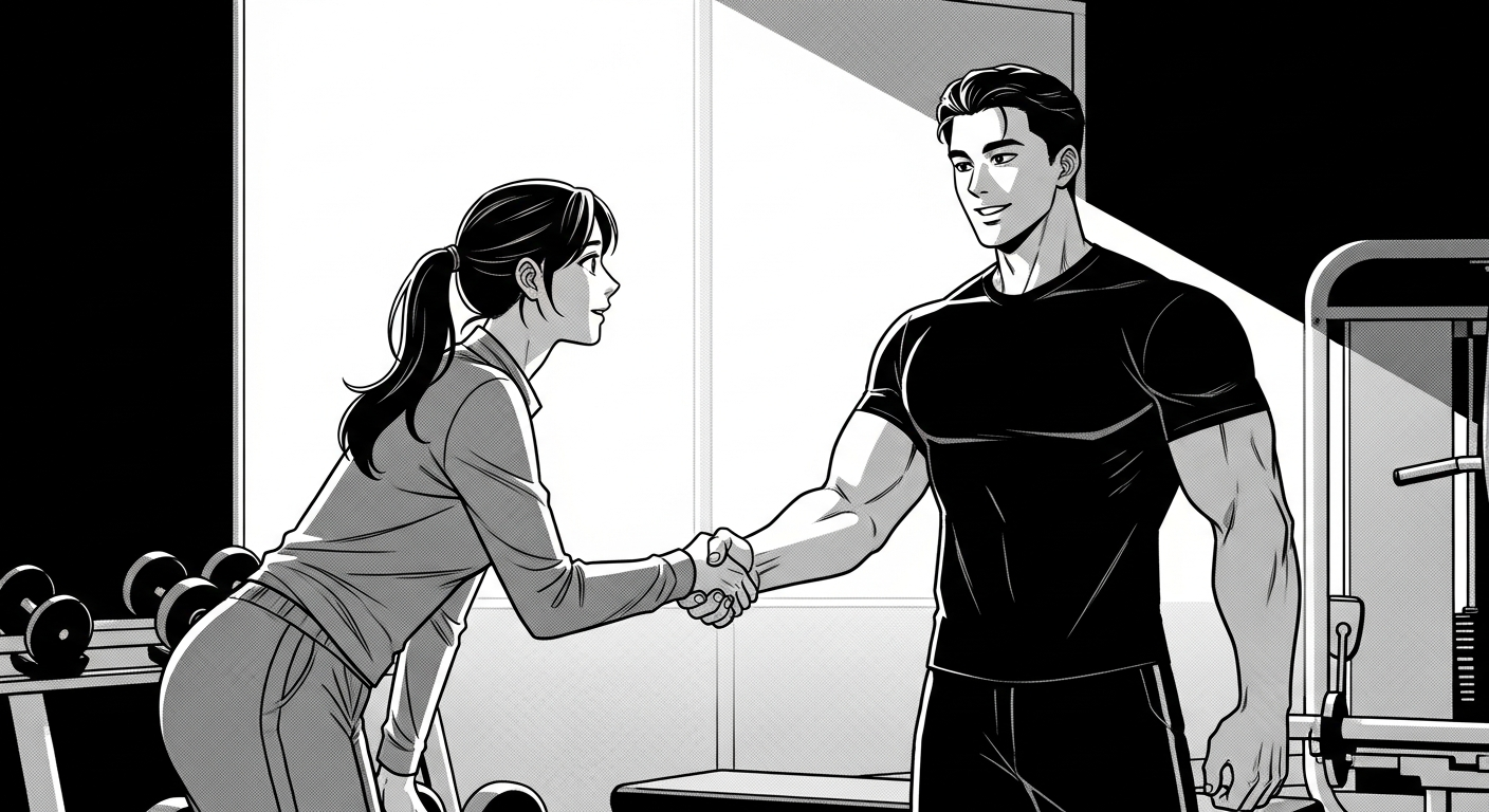 Black-and-white comic illustration of a personal trainer welcoming and shaking hands with a new client in a private gym