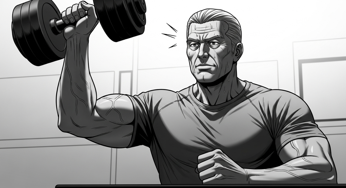 Black-and-white comic illustration of a fit older man doing a powerful dumbbell exercise, longevity training