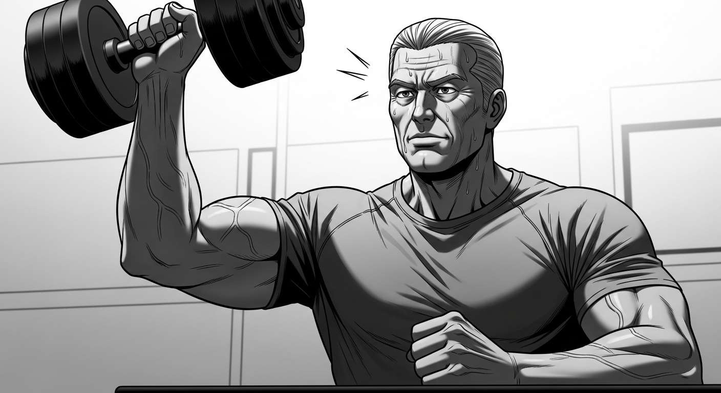 Black-and-white comic illustration of a fit older man doing a powerful dumbbell exercise, longevity training
