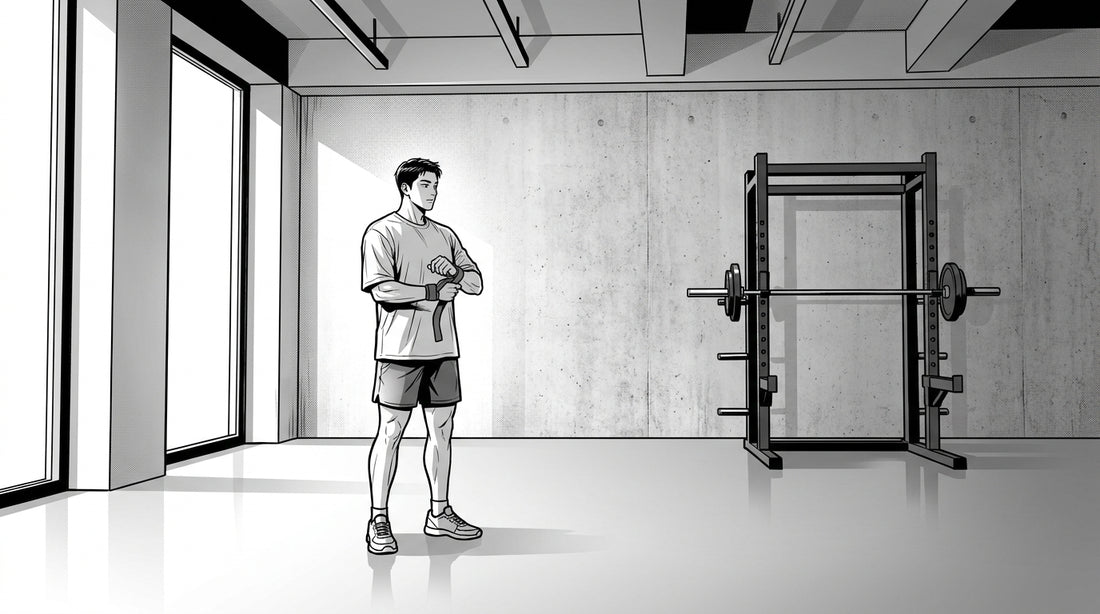 Black and white manhwa illustration of a beginner wrapping a lifting strap around their wrist, alone in a private Berlin gym room with a squat rack against the wall
