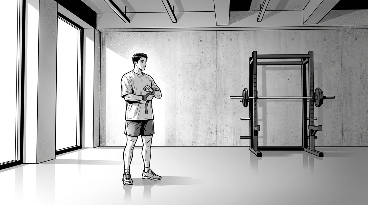 Black and white manhwa illustration of a beginner wrapping a lifting strap around their wrist, alone in a private Berlin gym room with a squat rack against the wall
