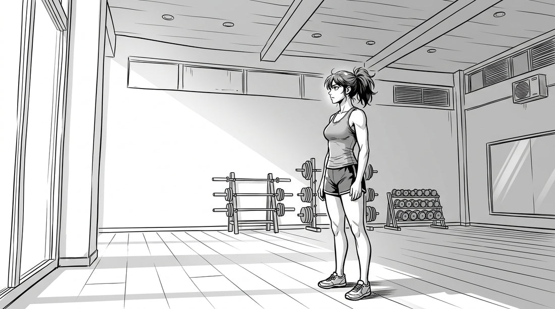 Black and white manhwa-style illustration of a personal trainer standing alone in a spacious private gym room in Berlin, looking toward a tall window