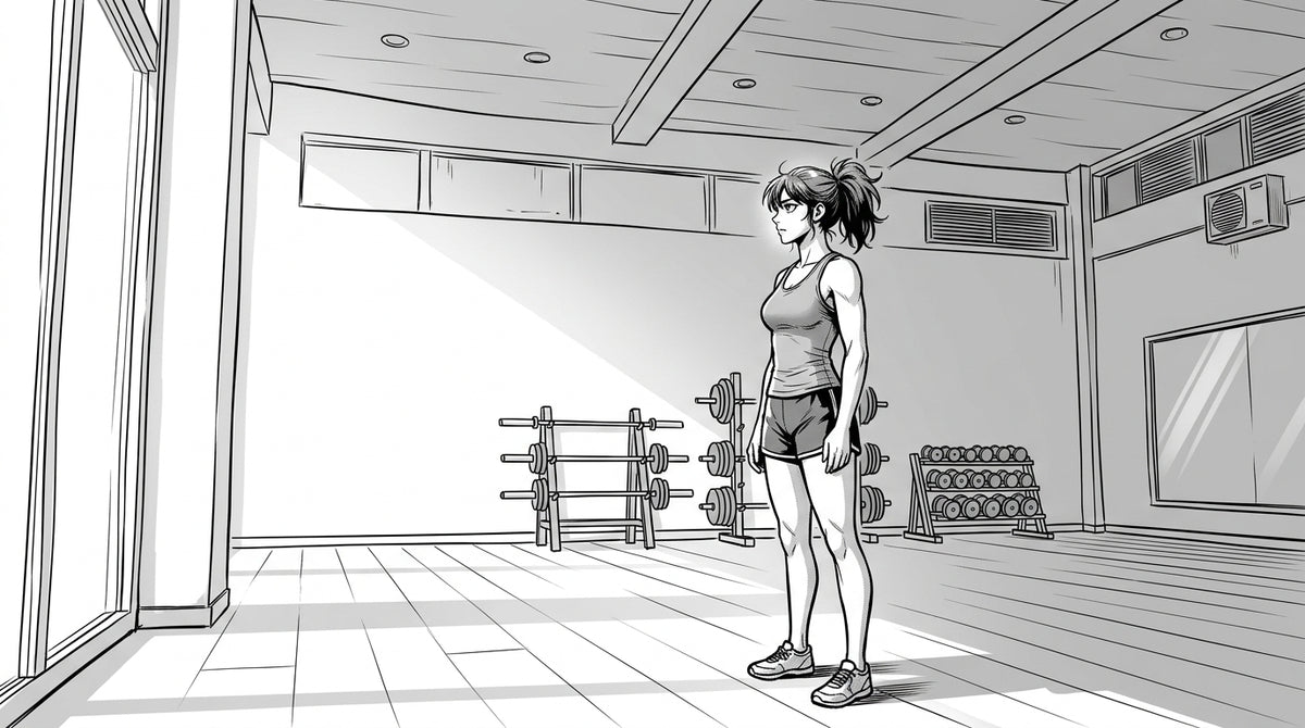 Black and white manhwa-style illustration of a personal trainer standing alone in a spacious private gym room in Berlin, looking toward a tall window