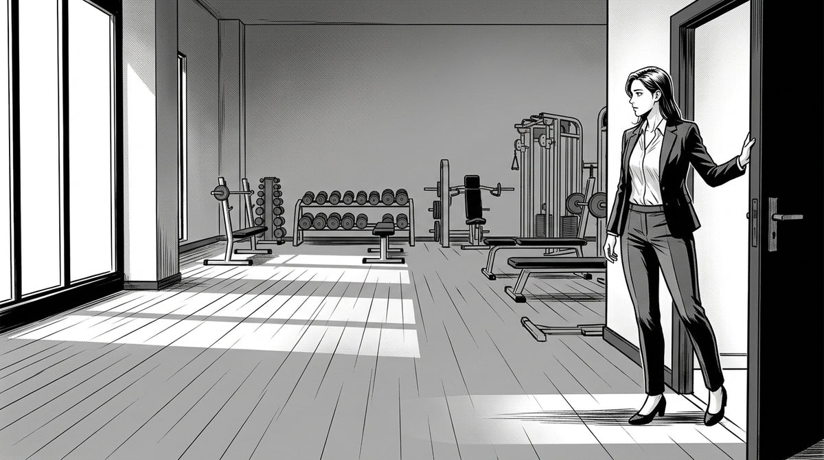 Black and white manhwa illustration of an HR manager in office clothing standing in the doorway of a quiet private gym room, looking in at the unused equipment