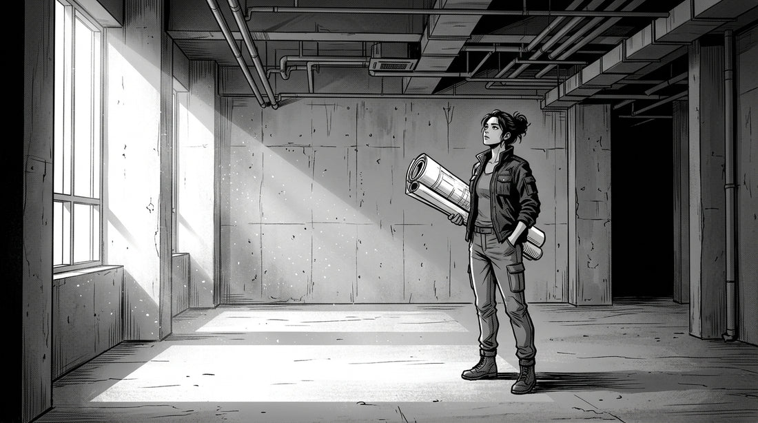Black and white manhwa illustration of a founder standing alone with rolled-up floor plans in an empty unfinished commercial space before it becomes a private gym