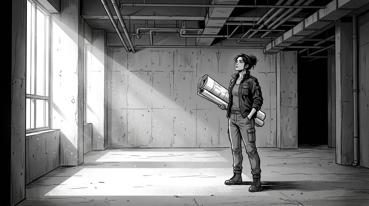 Black and white manhwa illustration of a founder standing alone with rolled-up floor plans in an empty unfinished commercial space before it becomes a private gym