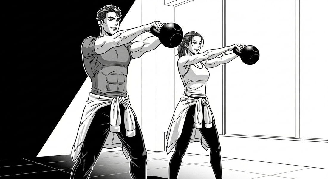 Black and white manhwa-style illustration of two professionals doing kettlebell swings together during a workday break in a modern private gym.