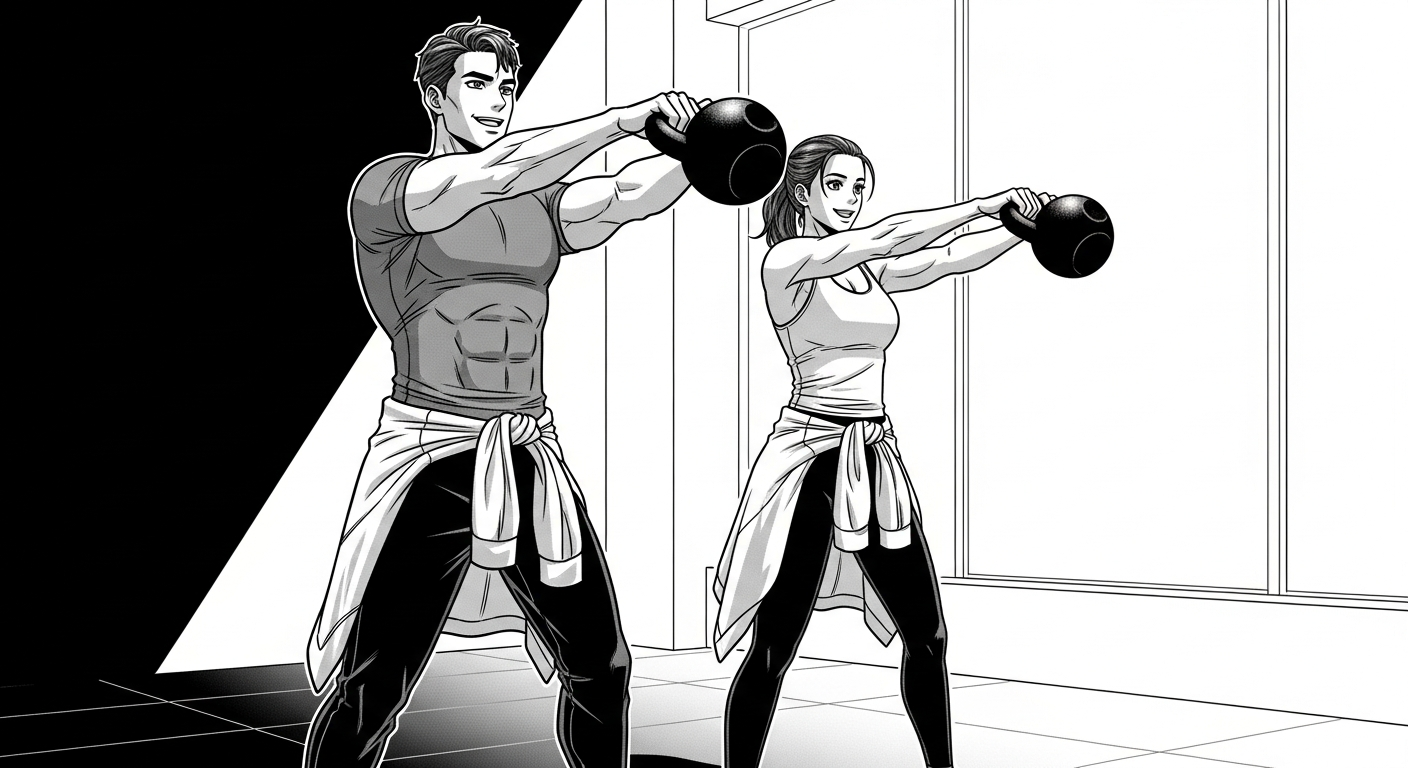 Black and white manhwa-style illustration of two professionals doing kettlebell swings together during a workday break in a modern private gym.